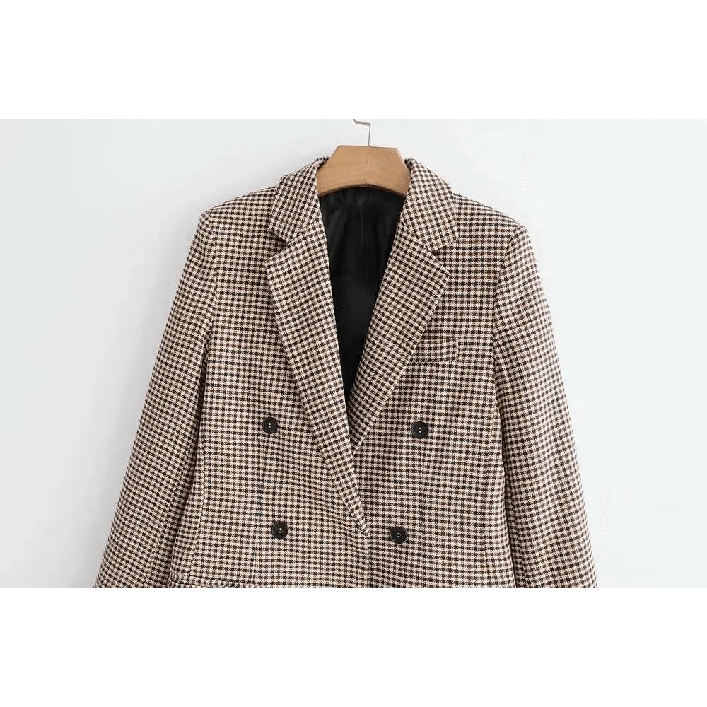 Women's Fashionable Office Wear Double Breasted Plaid Blazer Coat Vintage Long Sleeve Pockets Female Outerwear Chic Tops