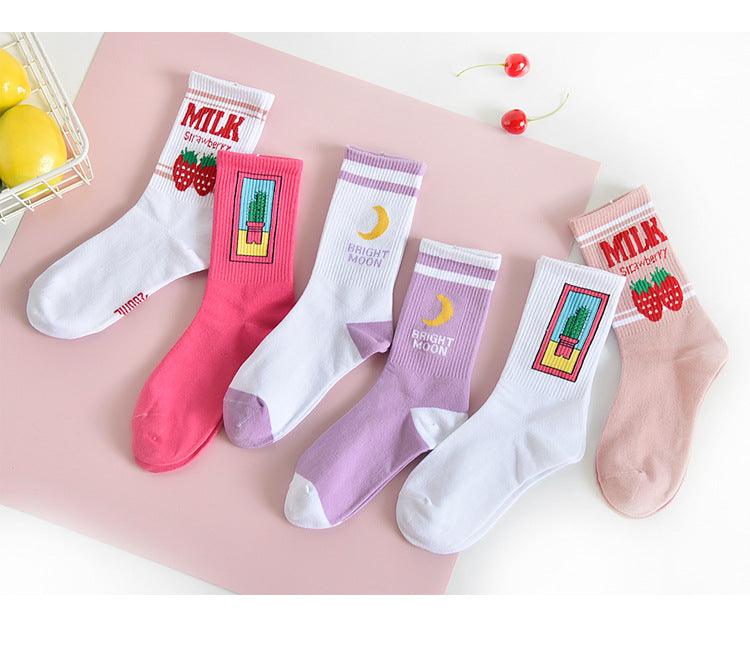 Women's Socks Combed Out Of Pure Cotton Colorful Cartoon Cute Funny Happy Kawaii Moon Strawberry Cactus Ankle Socks For Men And Women