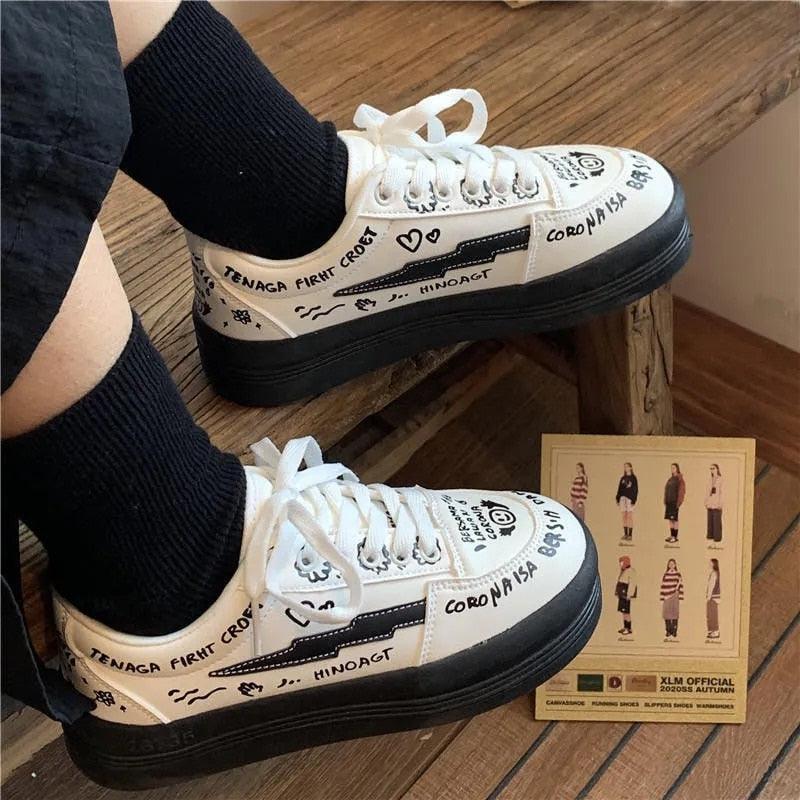 Women's Sports Sneakers Platform Casual Summer Vintage College Student Flats Casual Lace Up Woman Comfort Walking Shoes White Women Sneakers