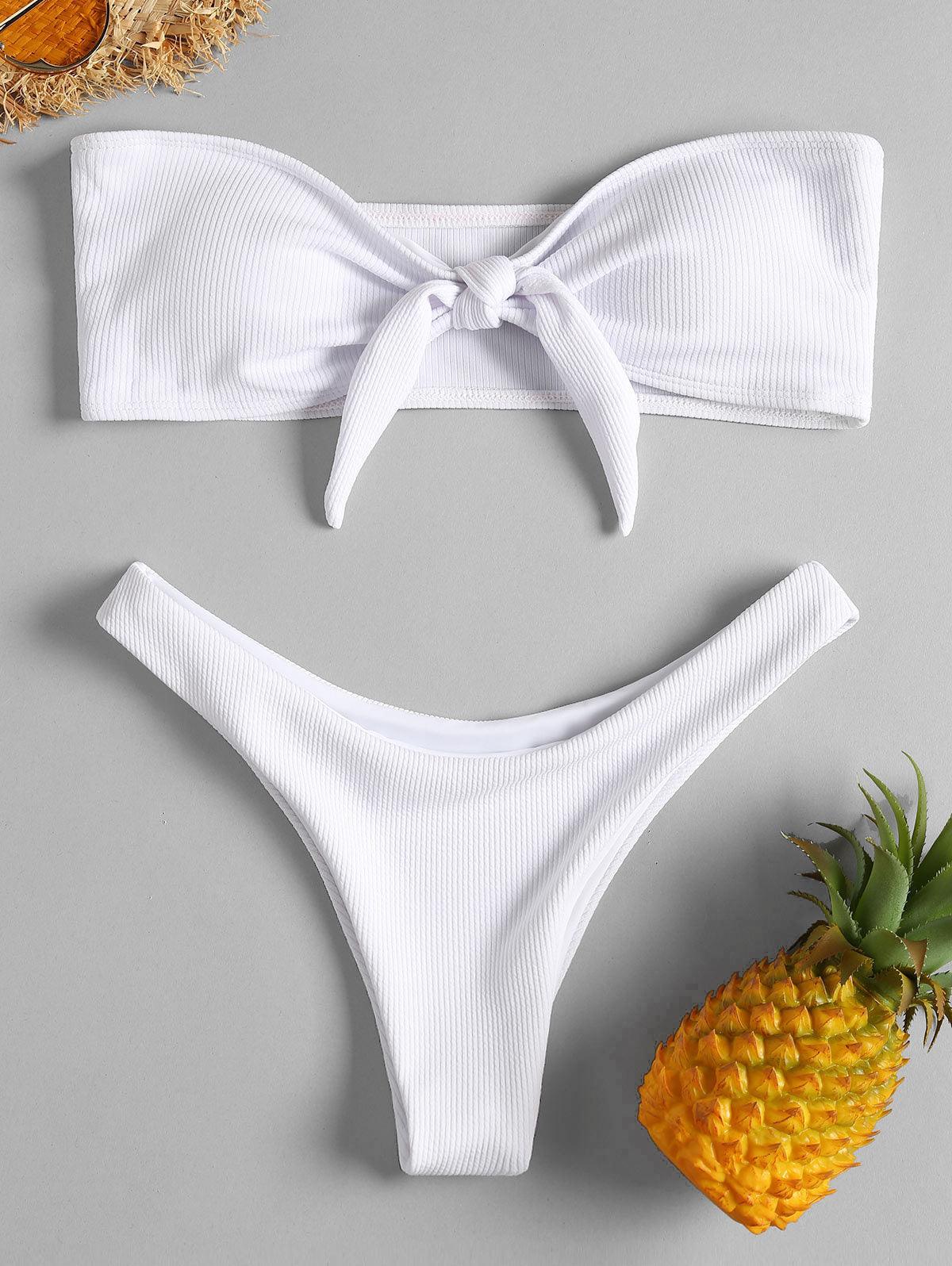 Women's Strapless Bowknot Split Bikini Swimsuit Swimming Suit For Women Women's Tie Knot Front Solid Color Bikini Set Swimsuit Bathing Suits High Cut Bikini Set Strapless Solid Color 2 Pieces Bathing Suit
