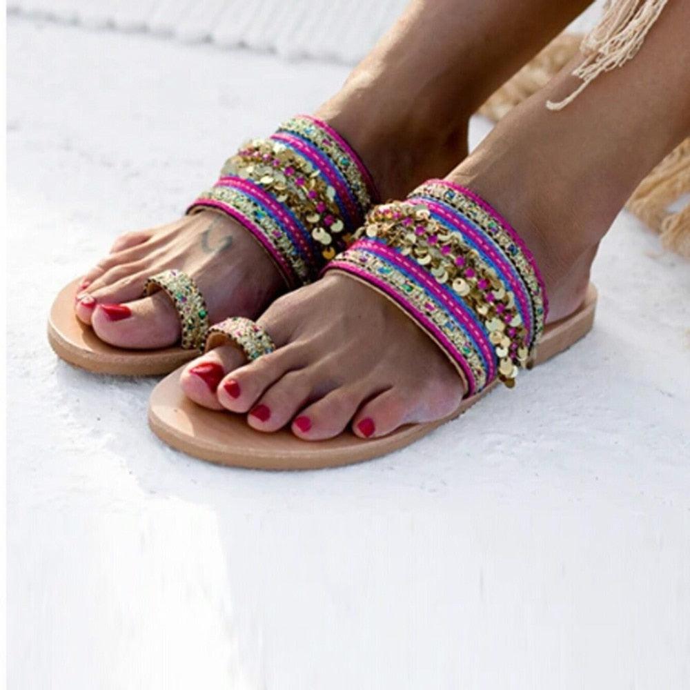 Women Sandals Flip-Flops Handmade Style Flip Flop Sandals Streetwear Fashion Shoes Women Flat Clip Toe Casual Floral Beach Flip Flop Comfy Shoes Summer Elegant Toe Ring Sandals