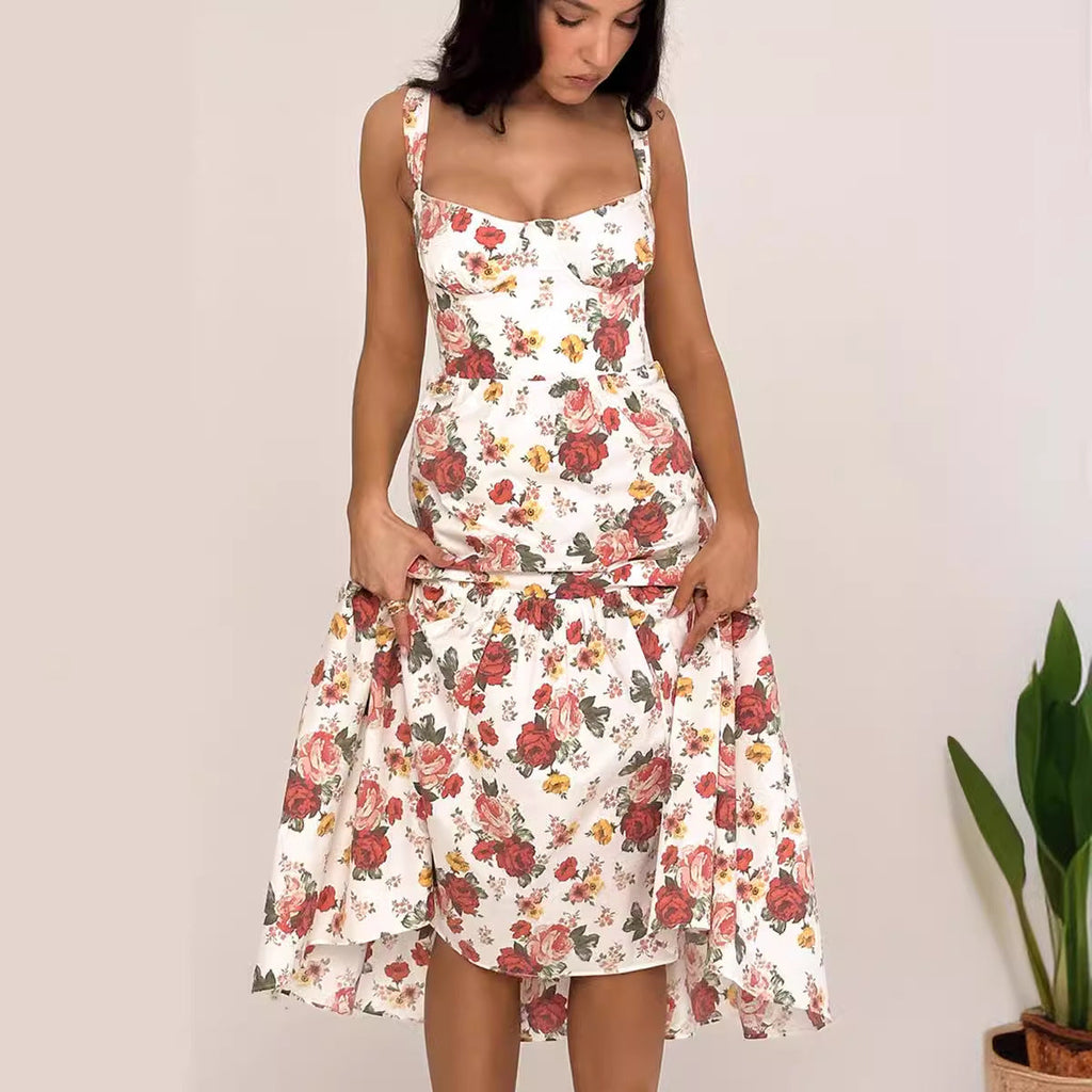 Sweet and spicy wind suspender solid color A pendulum floral dress women