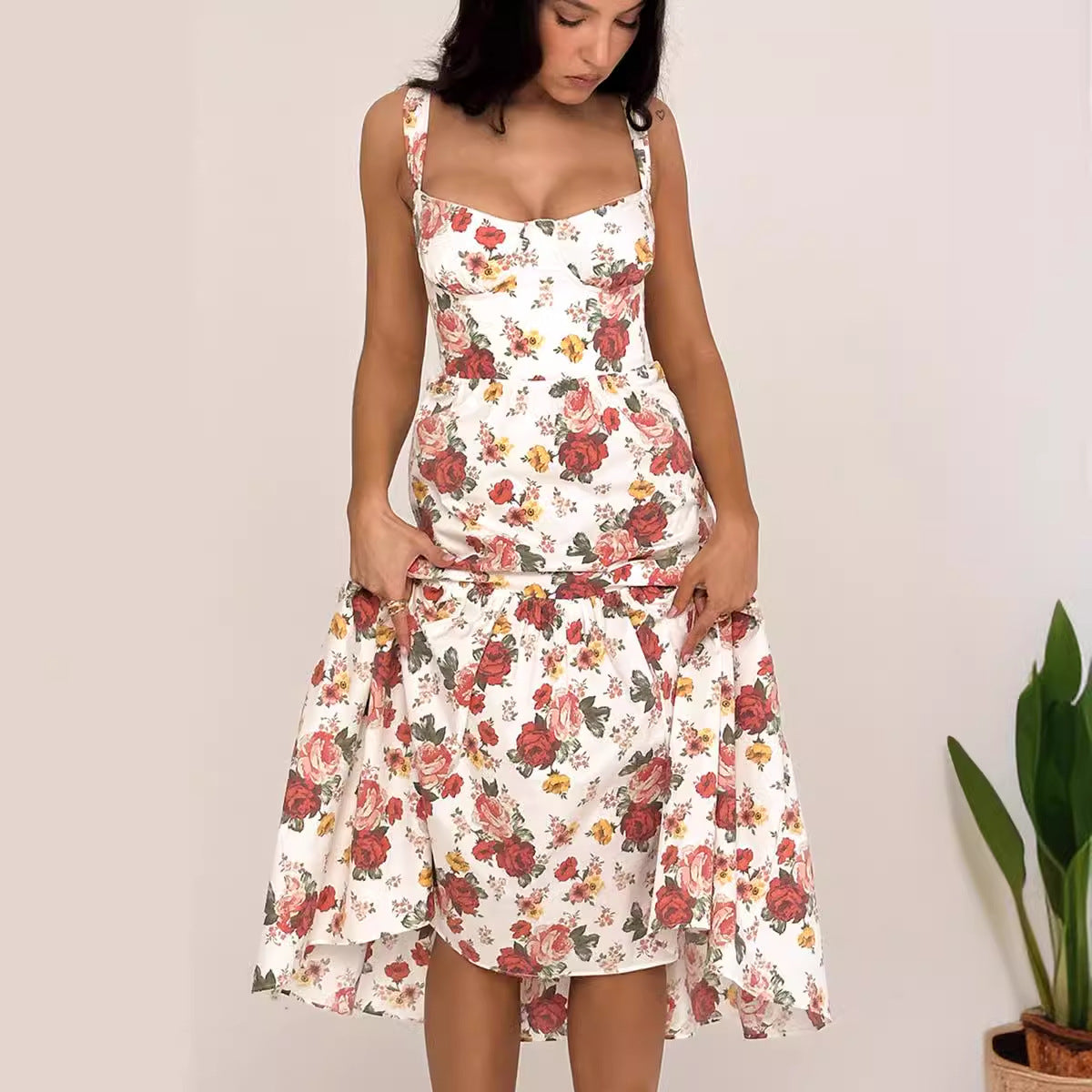 Sweet and spicy wind suspender solid color A pendulum floral dress women