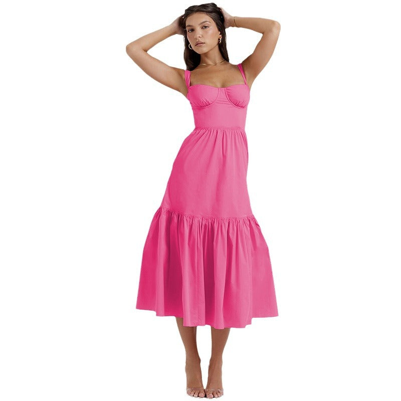 Sweet and spicy wind suspender solid color A pendulum floral dress women