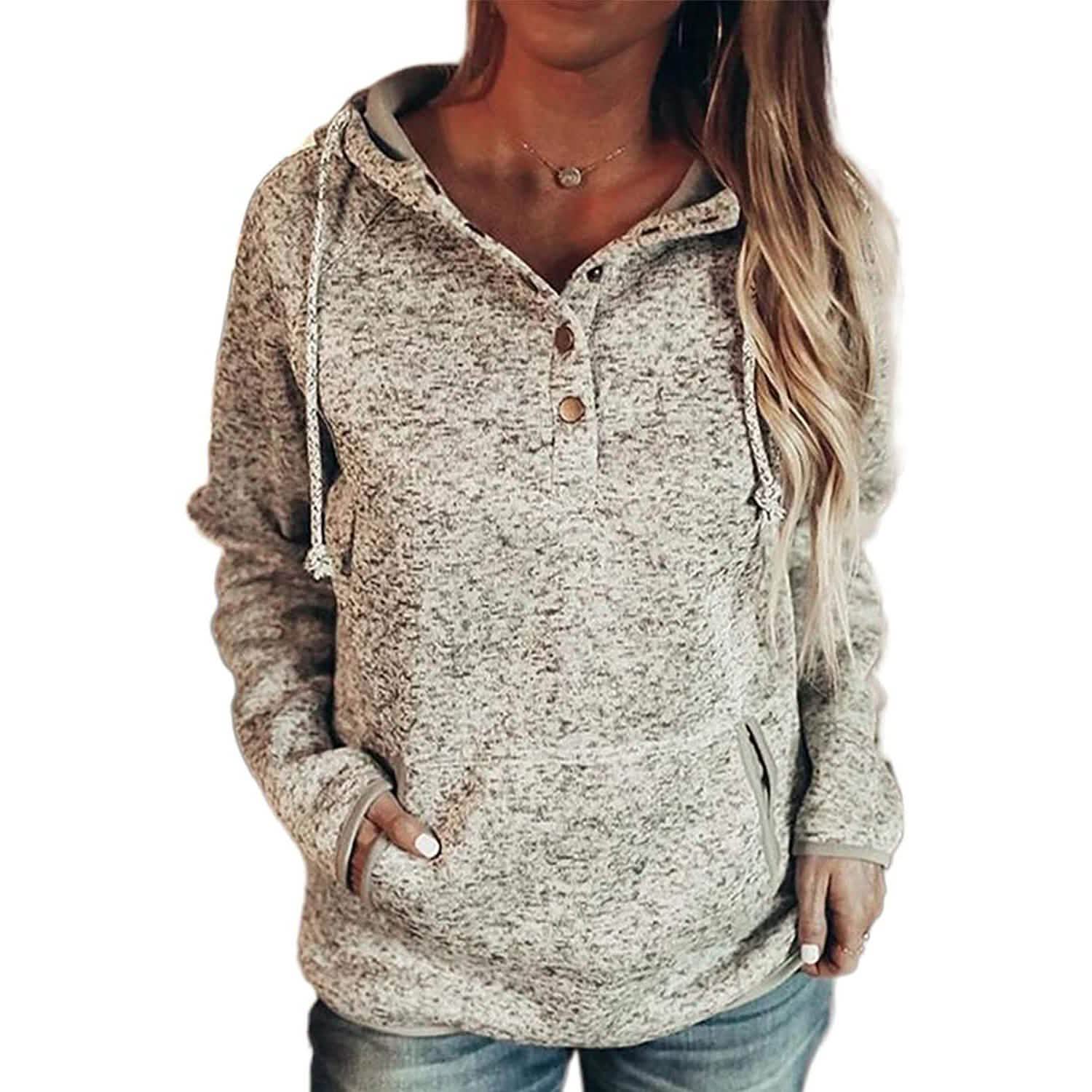 Womens Button Collar Drawstring Stitching Sweatshirts Hoodies Pullover