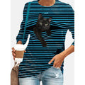 Women's Halloween Tunic T shirt Striped Cat 3D Cartoon Long Sleeve Print Round Neck