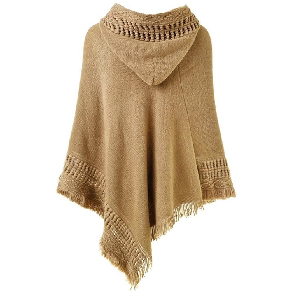 Womens Hooded Cape with Fringed Hem, Crochet Poncho Knitting Patterns
