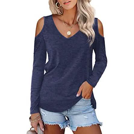 Womens Long Sleeve Cold Shoulder Basic Tee Tops Shirts