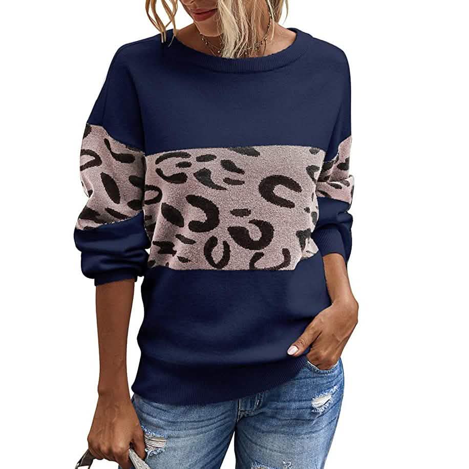 Women’s Long Sleeve Off Shoulder Knitted Leopard Print Sweater