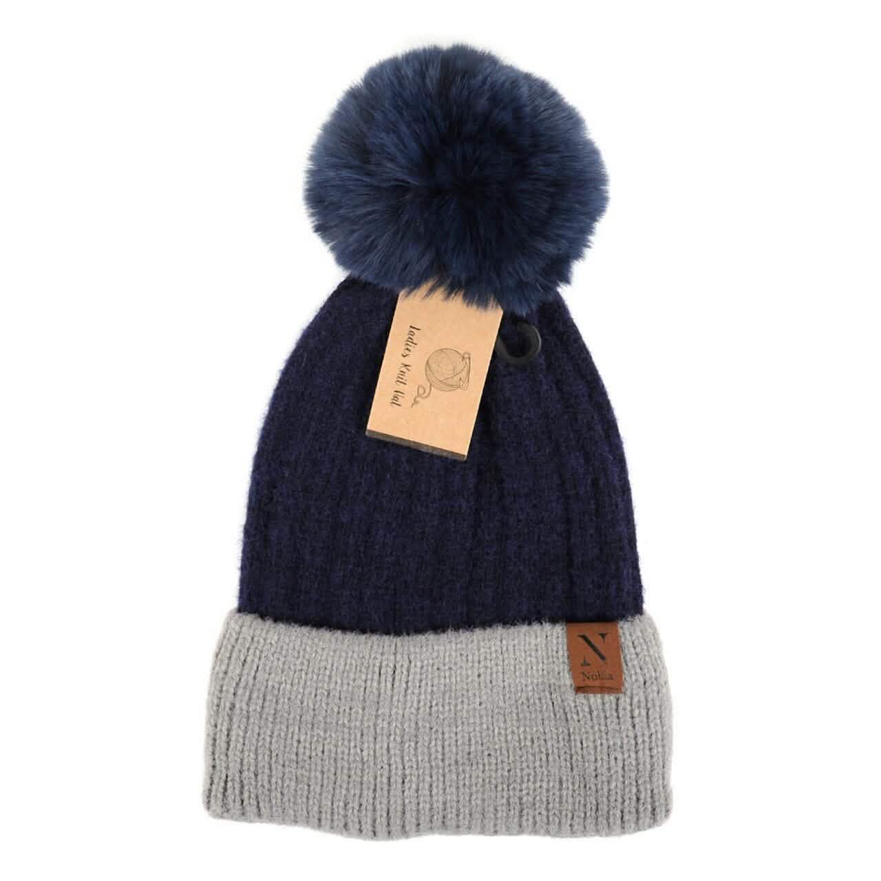 Women's Pom Pom Two-Tone Knit Winter Hat
