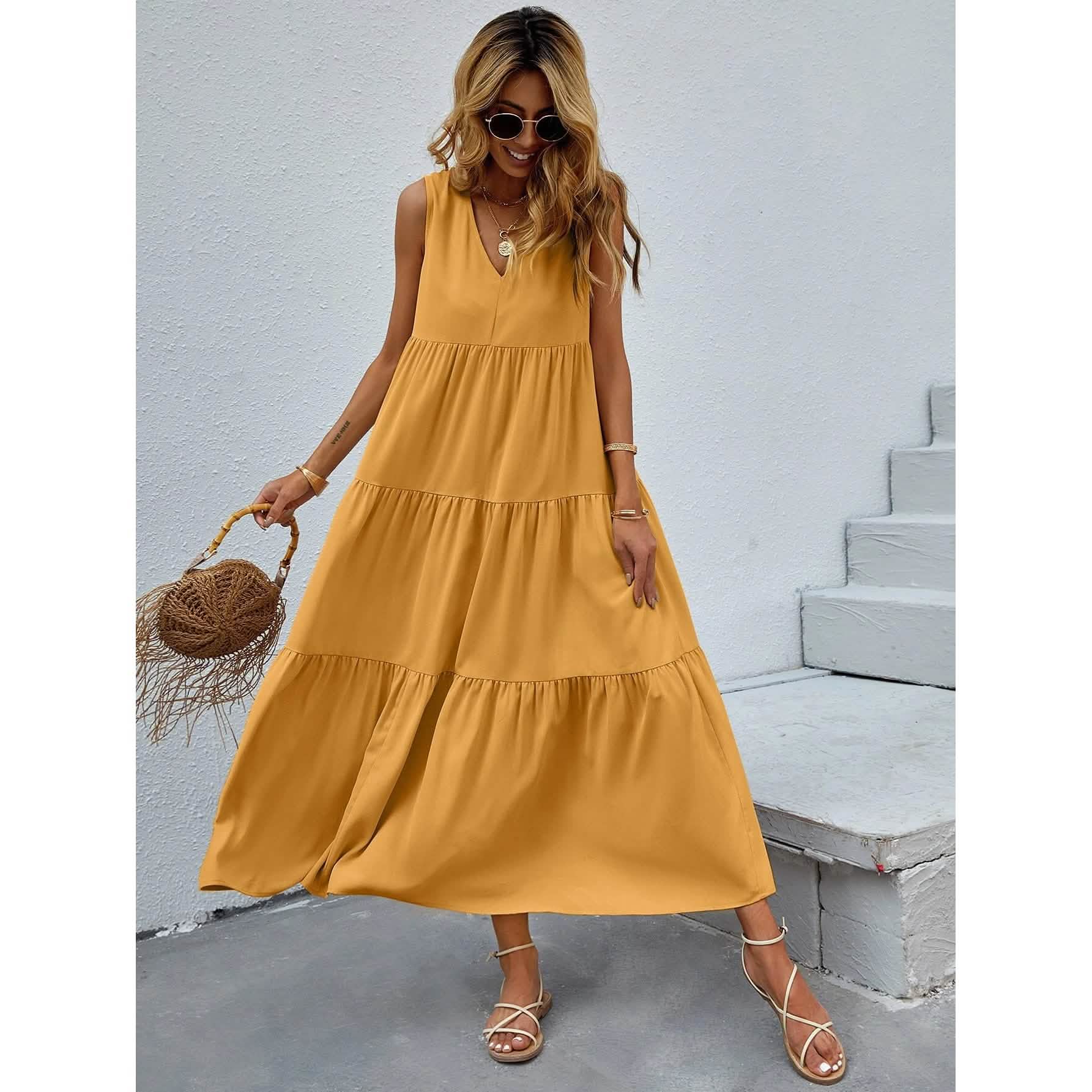 Women's V-neck Ruffle Hem Solid Dress