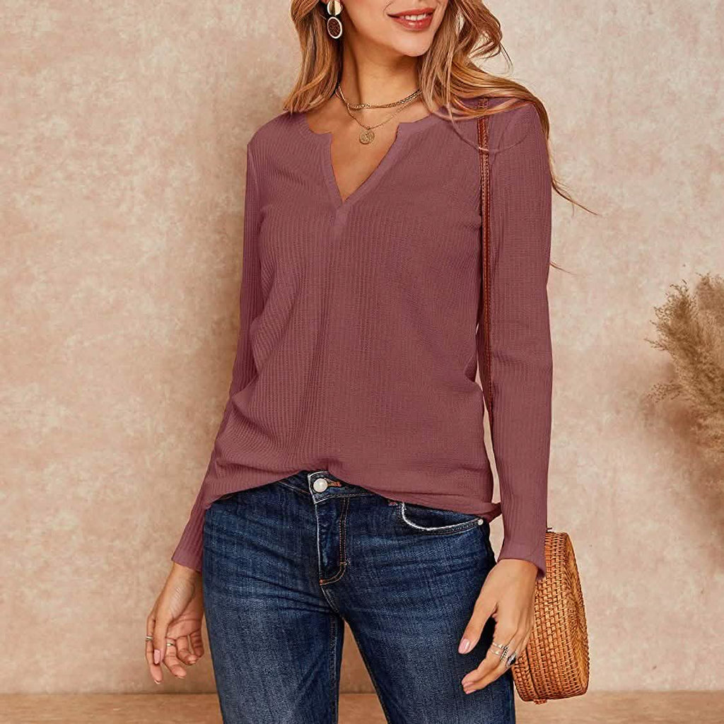 Women's V Neck Waffle Knit Henley Tops