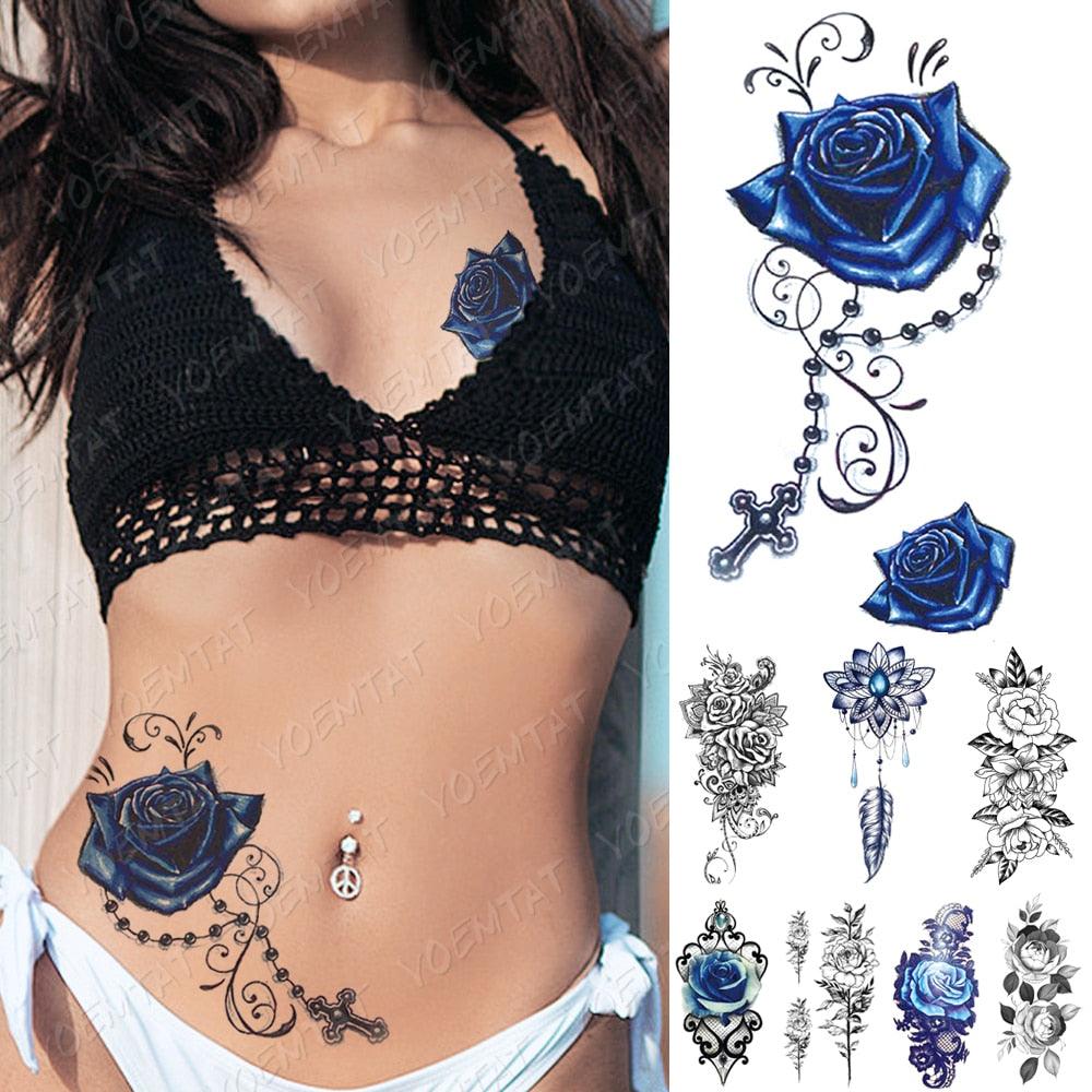 Womens Waterproof Temporary Tattoo Sticker Blue Flower Luxury Big Tatoo For Body Arm