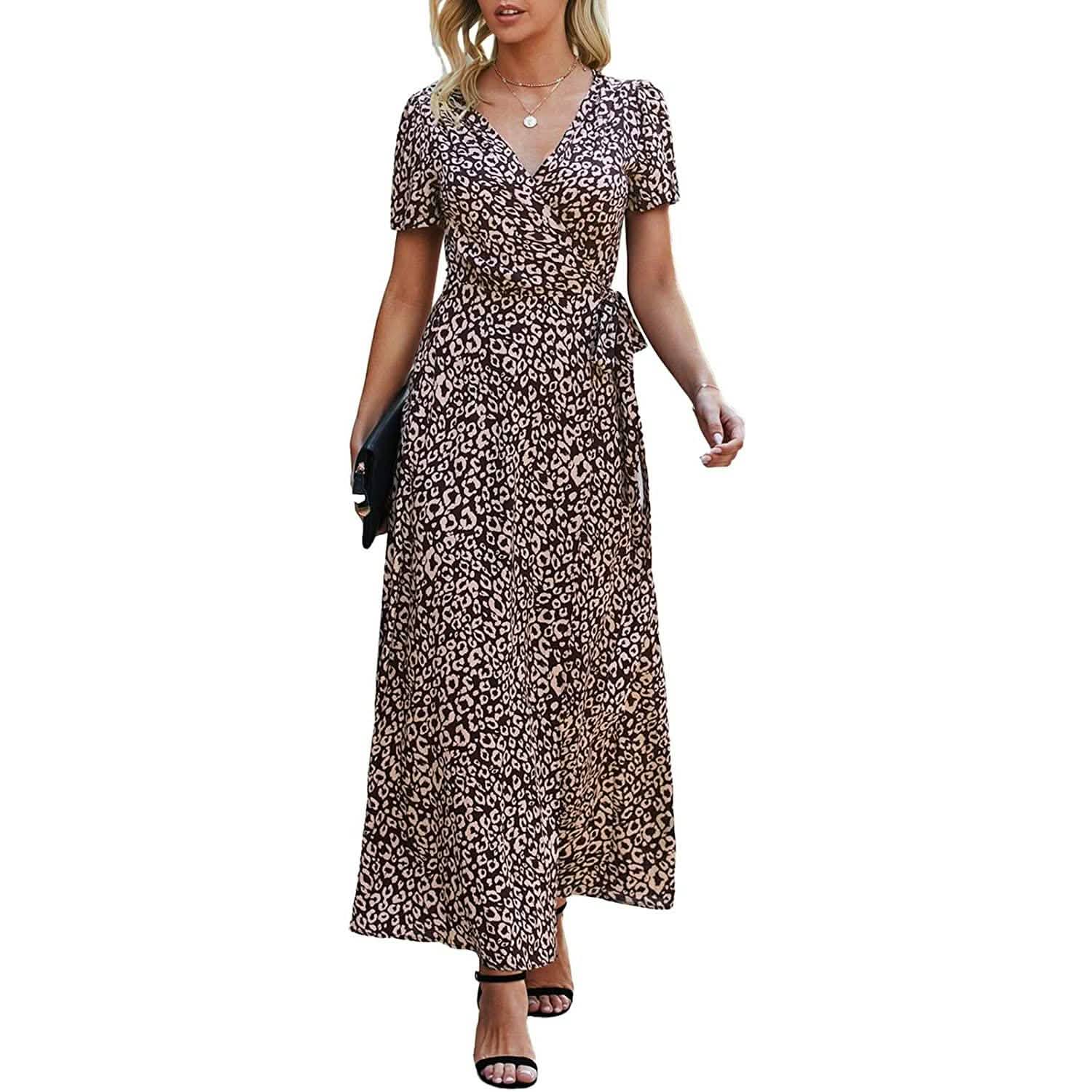 Women's Wrap V Neck Maxi Dresses Short Sleeve Split Casual Long Dress