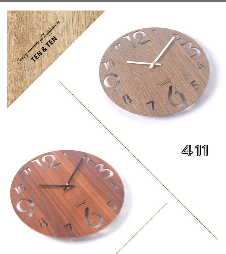 Wooden 3D Wall Clock Modern Design Nordic Brief Living Room Decoration Wooden Round Wall Clock Vintage Rustic Clock for Kitchen Bedroom Office Home Silent & Non-Ticking Large Numbers Kitchen Clock Art Hollow Wall Watch Home Decor 12 inch