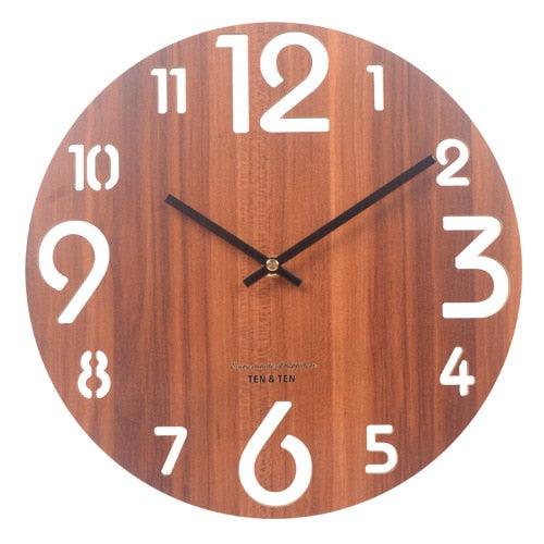 Wooden 3D Wall Clock Modern Design Nordic Brief Living Room Decoration Wooden Round Wall Clock Vintage Rustic Clock for Kitchen Bedroom Office Home Silent & Non-Ticking Large Numbers Kitchen Clock Art Hollow Wall Watch Home Decor 12 inch