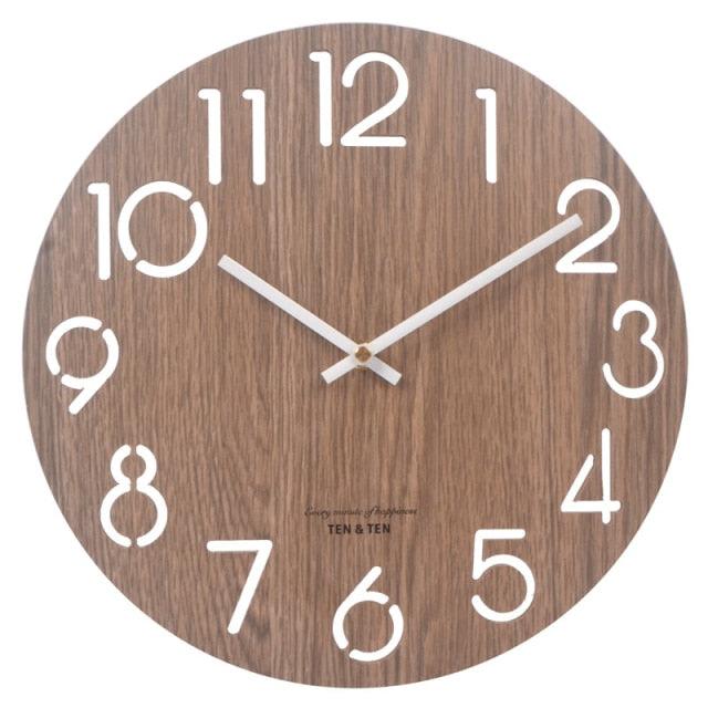 Wooden 3D Wall Clock Modern Design Nordic Brief Living Room Decoration Wooden Round Wall Clock Vintage Rustic Clock for Kitchen Bedroom Office Home Silent & Non-Ticking Large Numbers Kitchen Clock Art Hollow Wall Watch Home Decor 12 inch