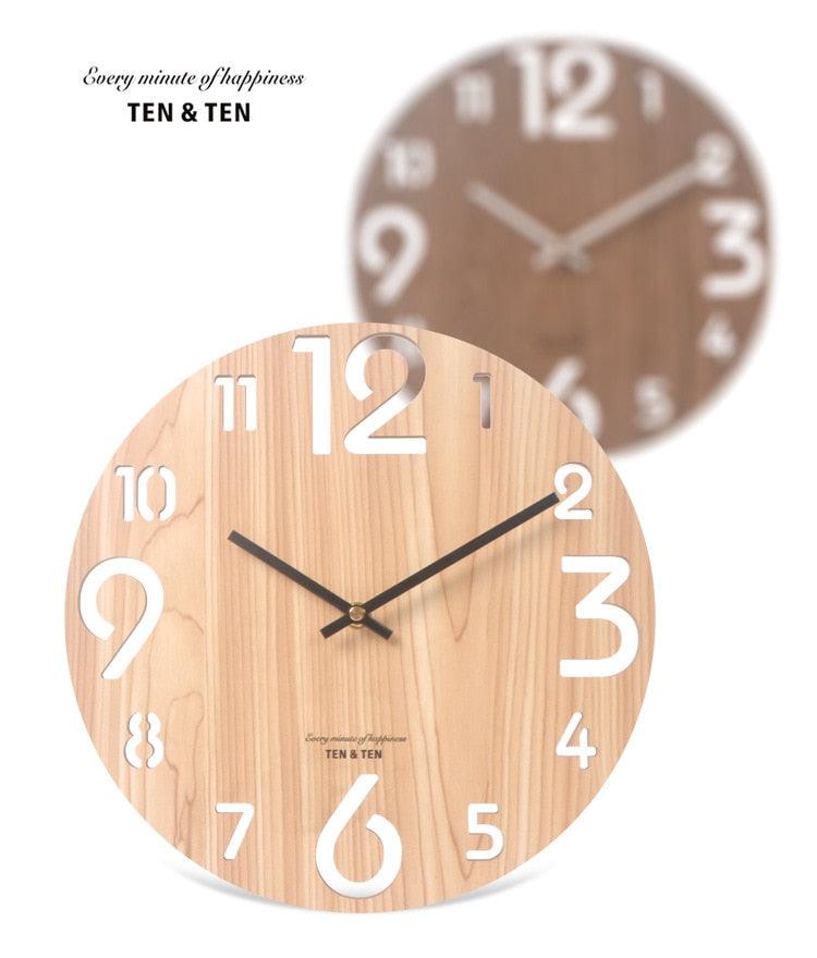 Wooden 3D Wall Clock Modern Design Nordic Brief Living Room Decoration Wooden Round Wall Clock Vintage Rustic Clock for Kitchen Bedroom Office Home Silent & Non-Ticking Large Numbers Kitchen Clock Art Hollow Wall Watch Home Decor 12 inch