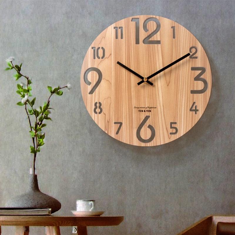 Wooden 3D Wall Clock Modern Design Nordic Brief Living Room Decoration Wooden Round Wall Clock Vintage Rustic Clock for Kitchen Bedroom Office Home Silent & Non-Ticking Large Numbers Kitchen Clock Art Hollow Wall Watch Home Decor 12 inch