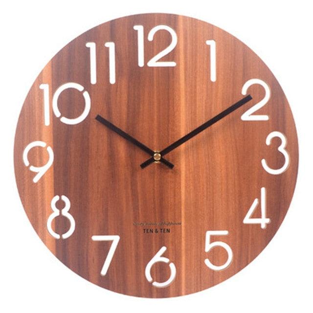 Wooden 3D Wall Clock Modern Design Nordic Brief Living Room Decoration Wooden Round Wall Clock Vintage Rustic Clock for Kitchen Bedroom Office Home Silent & Non-Ticking Large Numbers Kitchen Clock Art Hollow Wall Watch Home Decor 12 inch