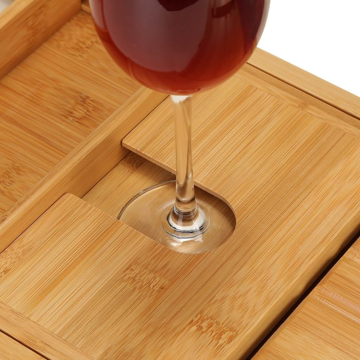 Wooden Bathtub Tray with Wine Glass Slot Phone Tray Book Holder