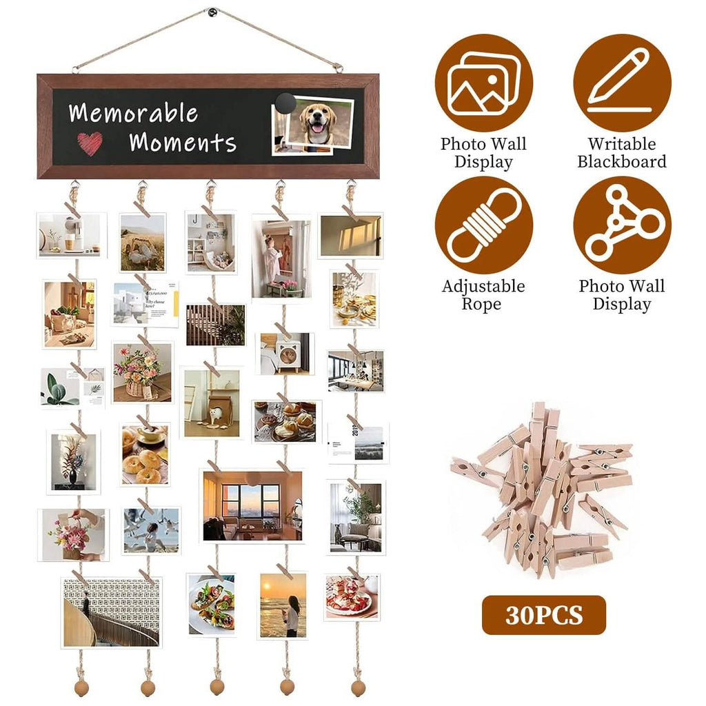Wooden Hanging Picture Frame Display String Ropes with 30 Clips Writable Blackboard