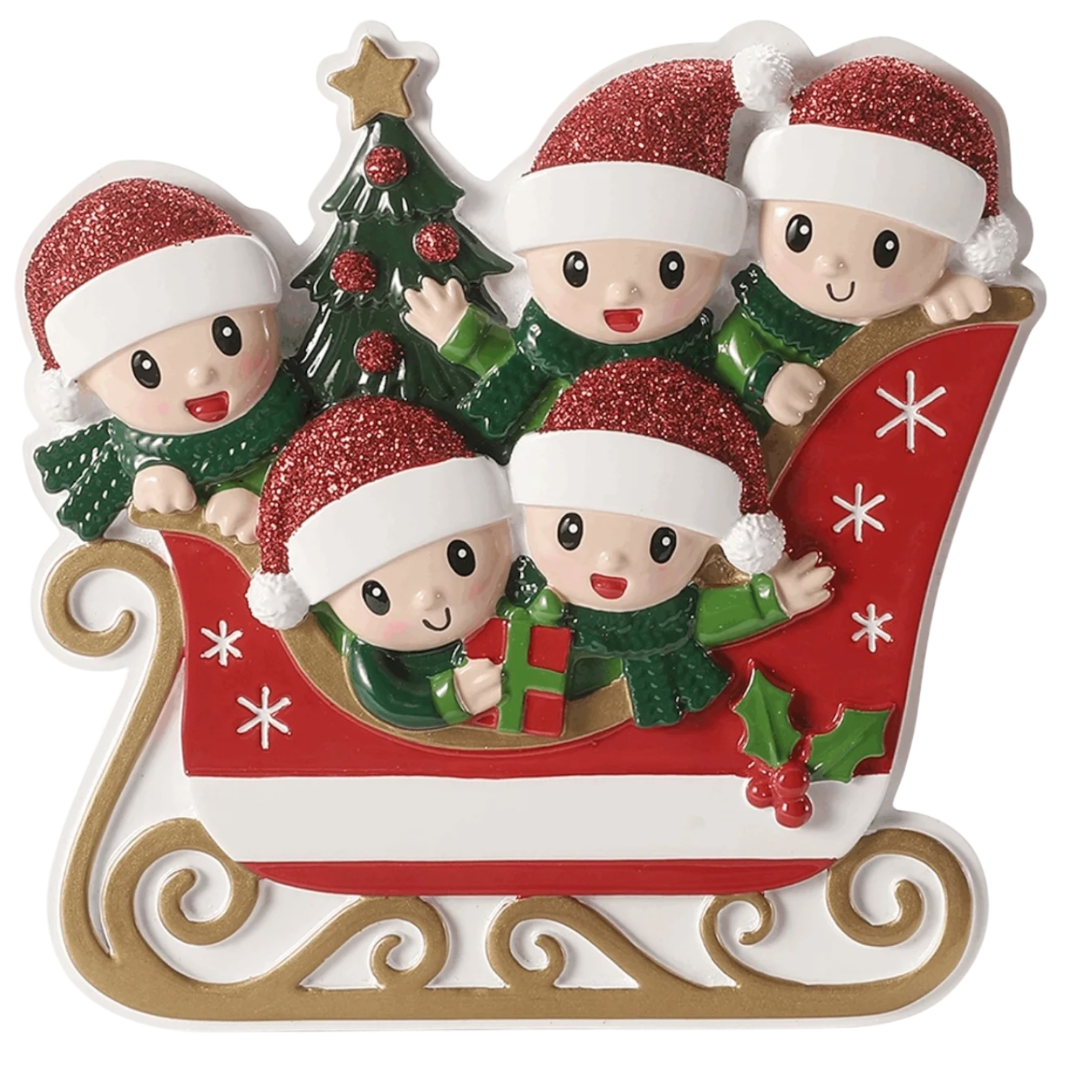 Sleigh With Gold Rails Family of 5 Ornament