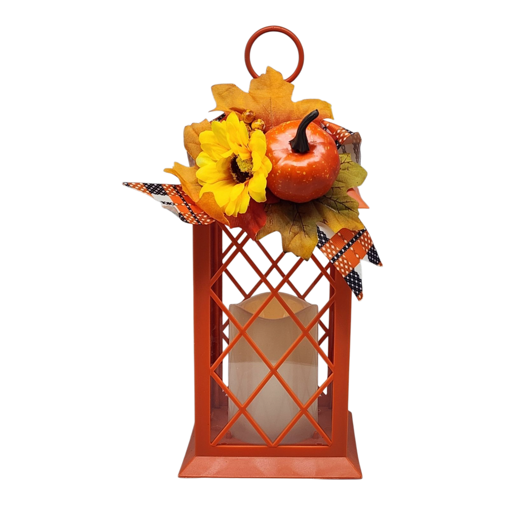 Harvest Lantern with Flickering LED Candle - Orange