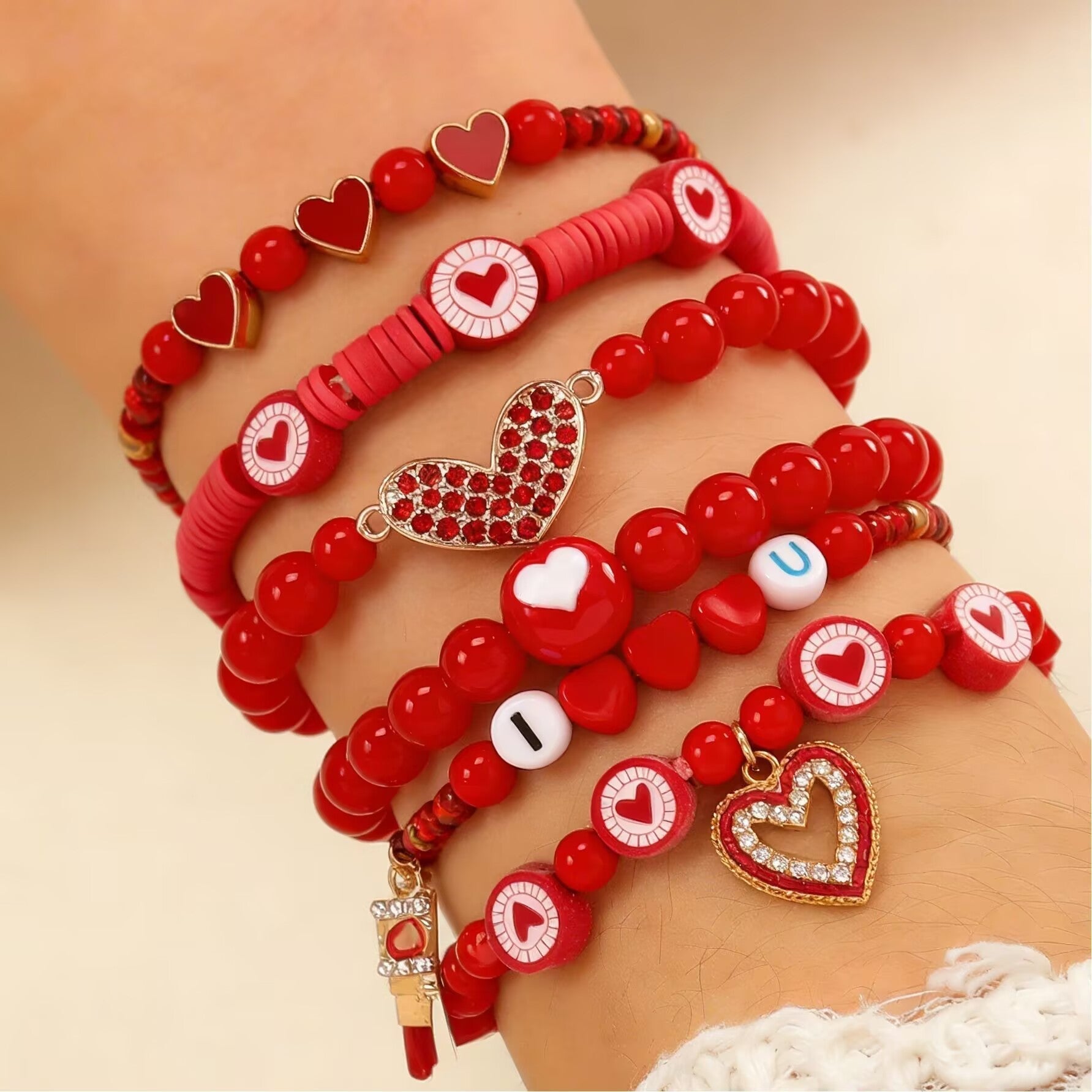 Valentine's Day Heart Beaded Bracelet Set