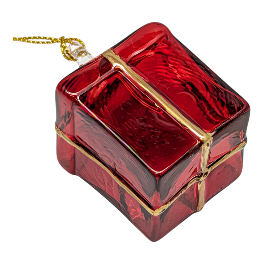 Blown Glass Present Ornament - Red
