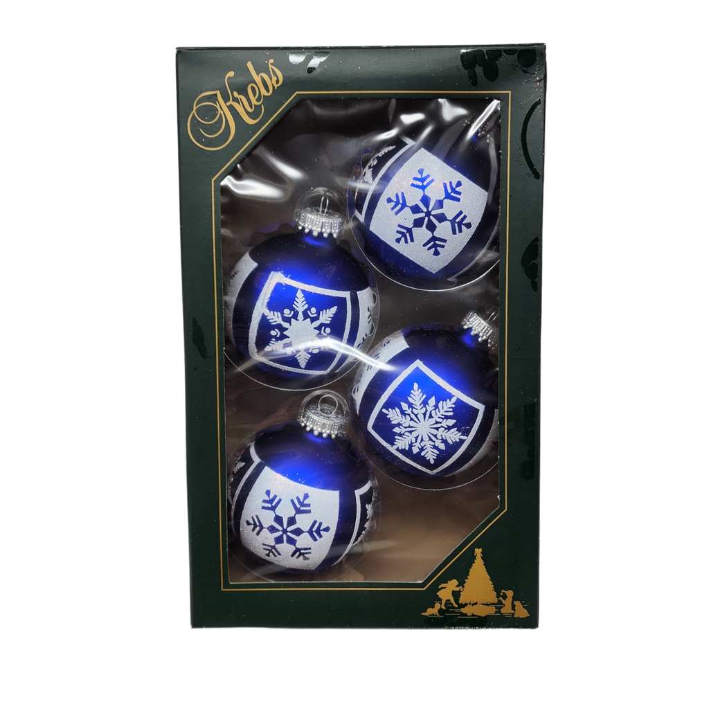 Krebs Value Glass Ball 4 pack - White Glitter Snowflakes on Deep Blue