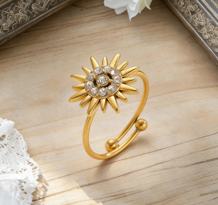 Diamond Sunflower Adjustable Ring
