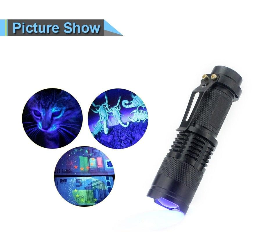 Zoomable UV 365nm light Blacklight Ultraviolet Flashlight LED Portable Mini Handheld Torch Detector Flashlight Torch Mini Flash Light For Pet Urine Stains Detector Scorpion Anti-counterfeiting Identification Resin Curing