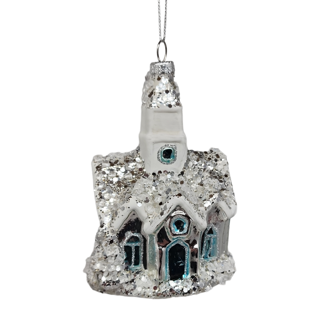 Glass Snowy Church Ornament -