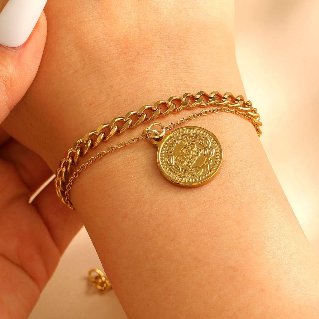 Vintage Gold Coin Medallion Double-Layer Chain Bracelet