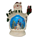 B/O Lighted Musical Spinning Water Globe Snowman with Holiday Scene White Coat