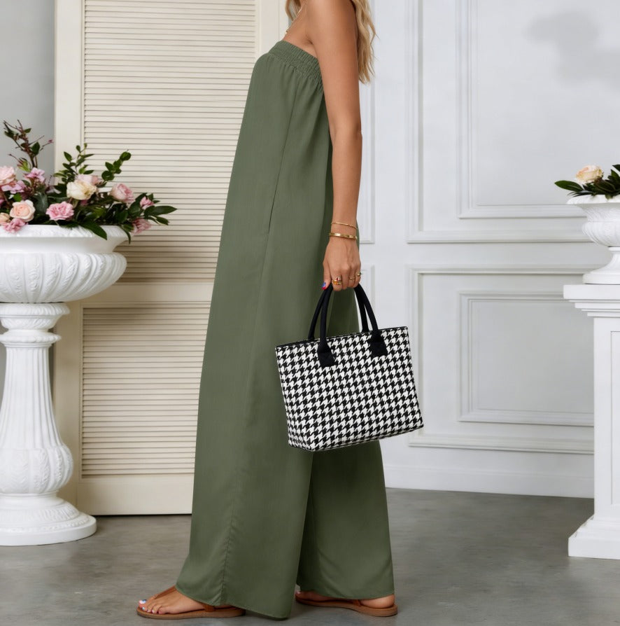 Casual Strapless Solid Color Wide-Leg Jumpsuit