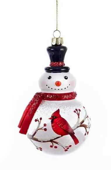 Glass Snowman With Cardinal Ornament