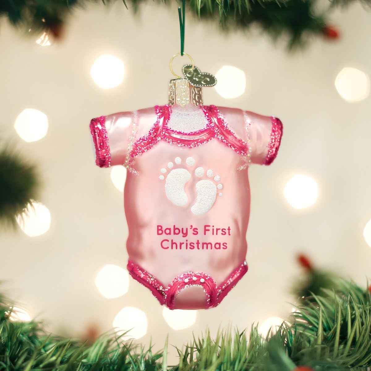 Babys First Christmas Pink Onesie Glass Ornament